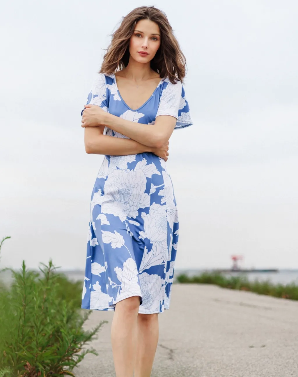 Floral Soft Knit V-Neck Midi Dress