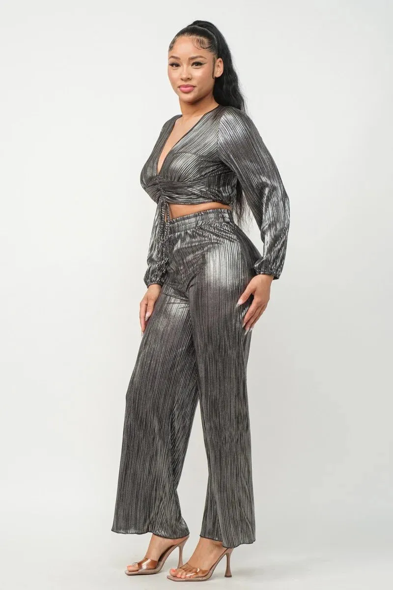 Foil Plisse Tunnel Shirring Top And Pants Set - 2 colors