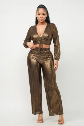 Foil Plisse Tunnel Shirring Top And Pants Set - 2 colors