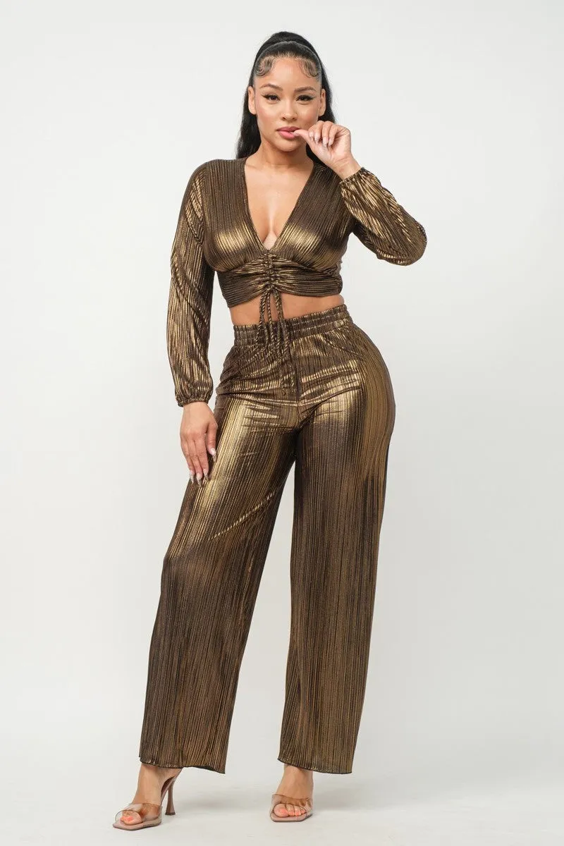 Foil Plisse Tunnel Shirring Top And Pants Set - 2 colors