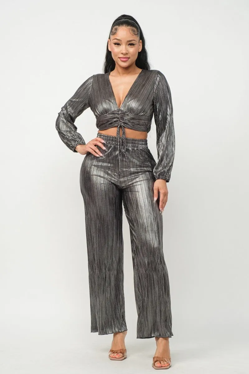 Foil Plisse Tunnel Shirring Top And Pants Set - 2 colors