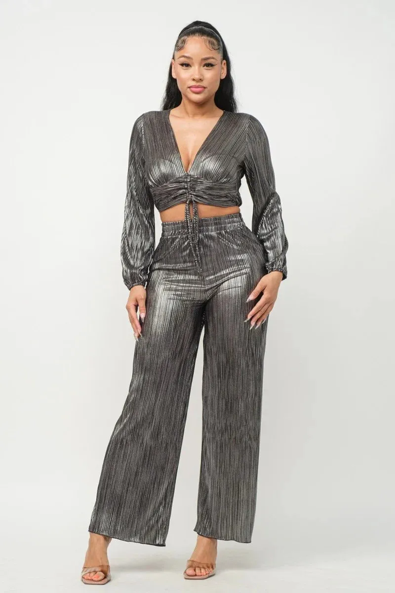 Foil Plisse Tunnel Shirring Top And Pants Set - 2 colors