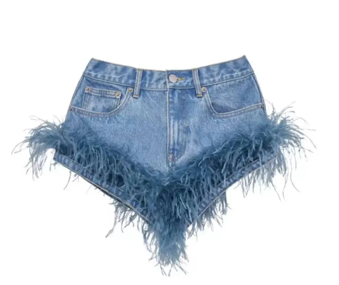 FURINFASHION HU-02 New High Waisted Real Ostrich Fur Hair Denim Shorts And Slimming Sexy Fringe Hot Pants