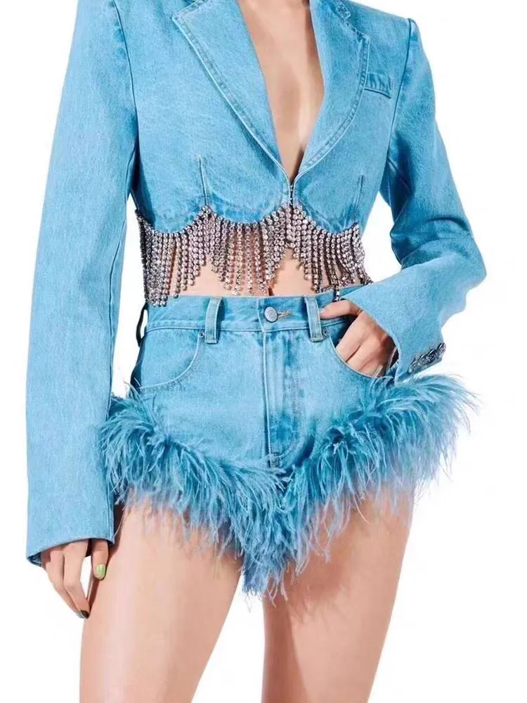 FURINFASHION HU-02 New High Waisted Real Ostrich Fur Hair Denim Shorts And Slimming Sexy Fringe Hot Pants