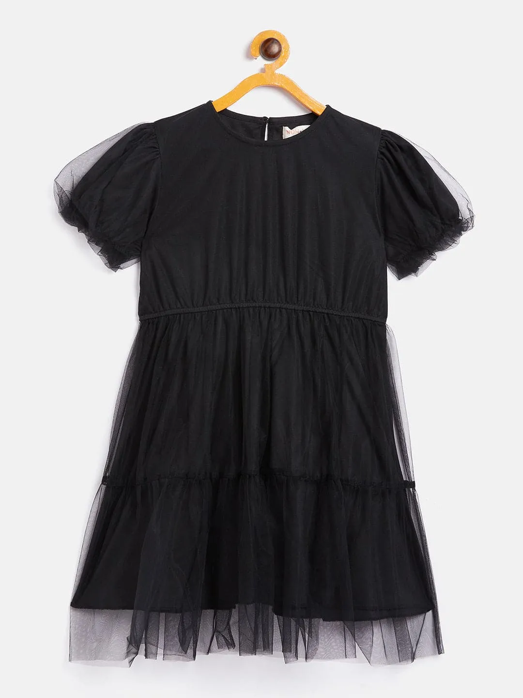 Girls Black Mesh Tiered Dress