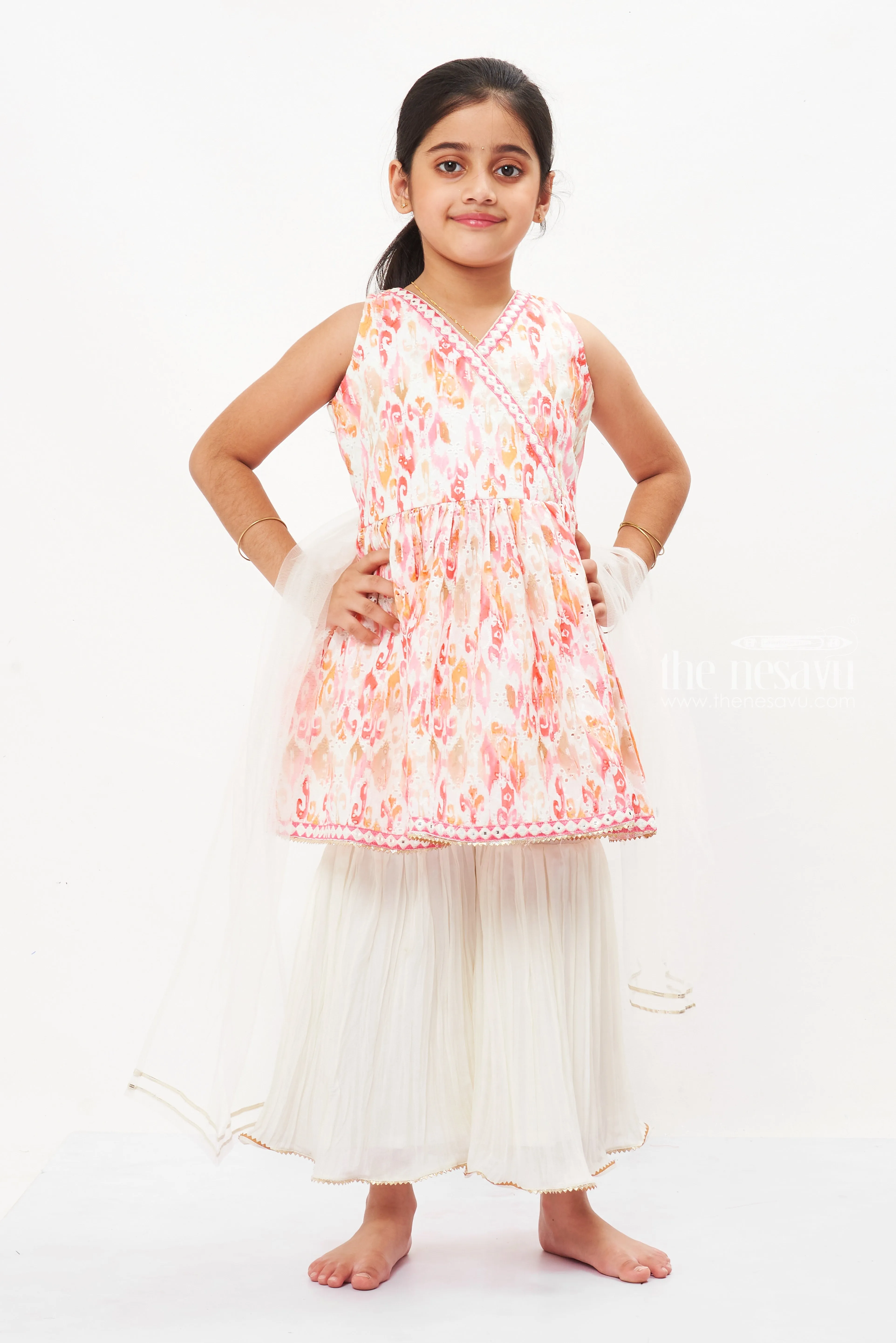 Girls Ethereal Peach Gharara and Kurti Set - Summer Festive Elegance