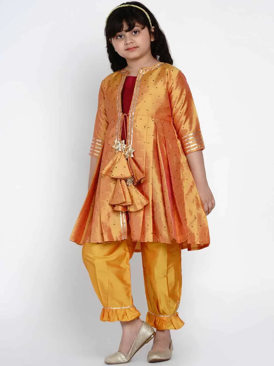 Girls Maroon & Mustard Yellow Solid Kurti With Trousers & Jacket