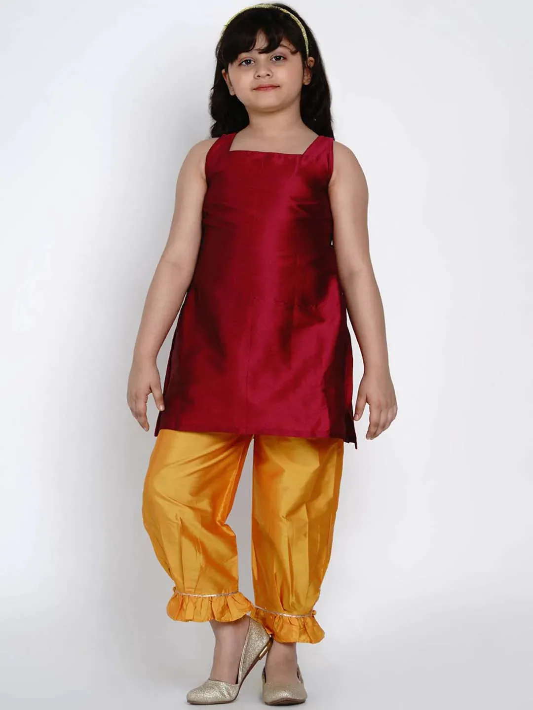 Girls Maroon & Mustard Yellow Solid Kurti With Trousers & Jacket