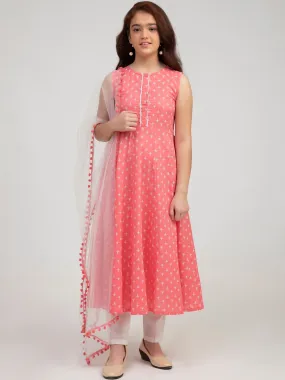 Girls Pink Ethnic Motifs Printed Pure Cotton Kurta With Trousers & With Dupatta