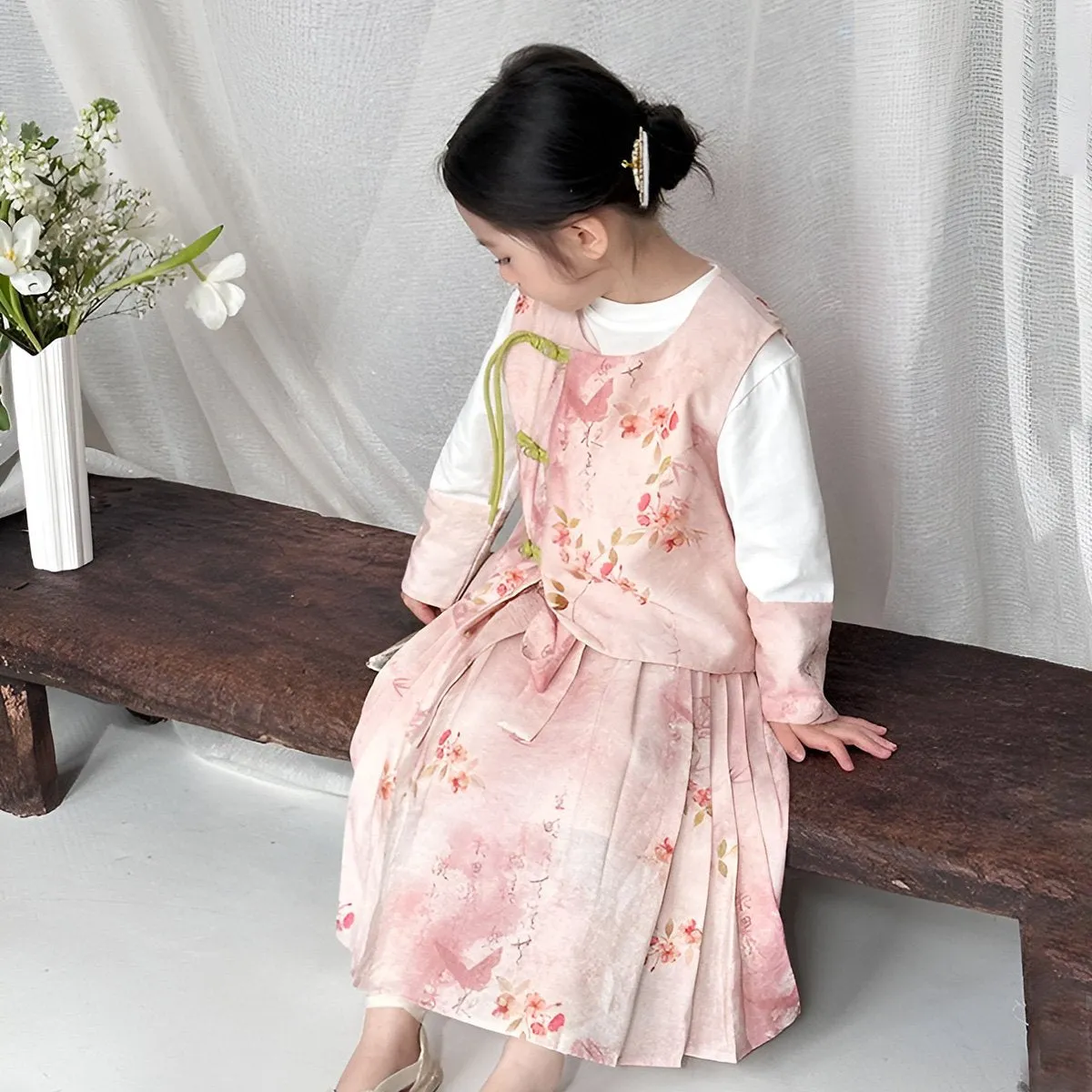 Girls Pink Floral Hanfu Three Piece Set