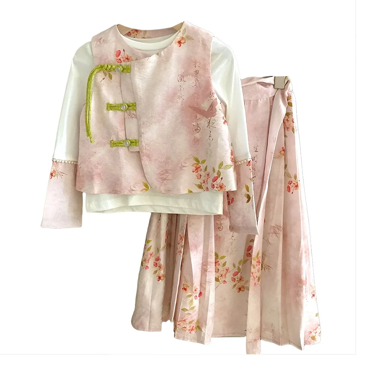 Girls Pink Floral Hanfu Three Piece Set