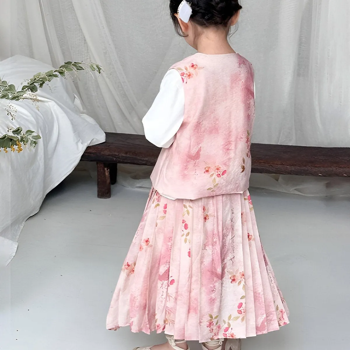 Girls Pink Floral Hanfu Three Piece Set