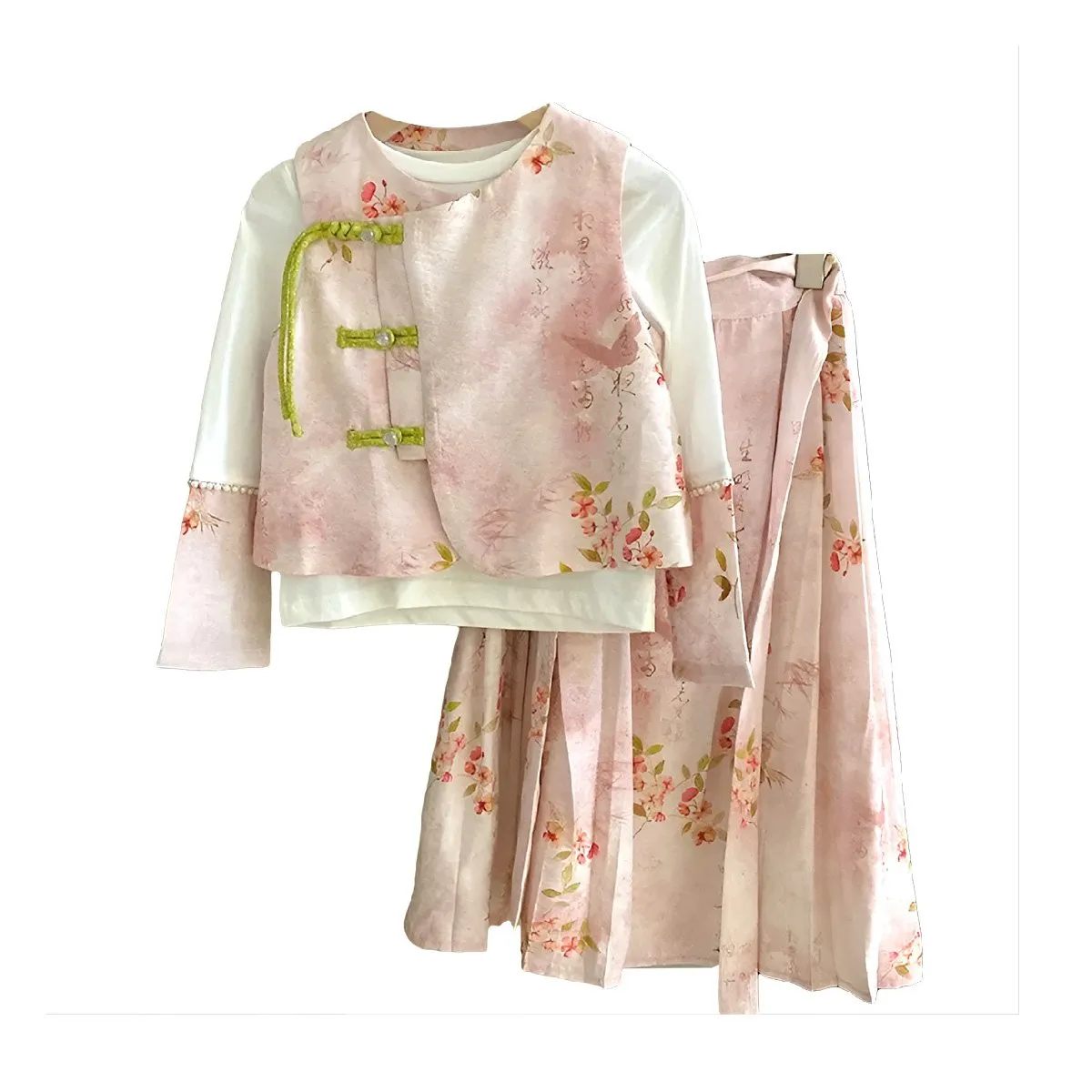 Girls Pink Floral Hanfu Three Piece Set