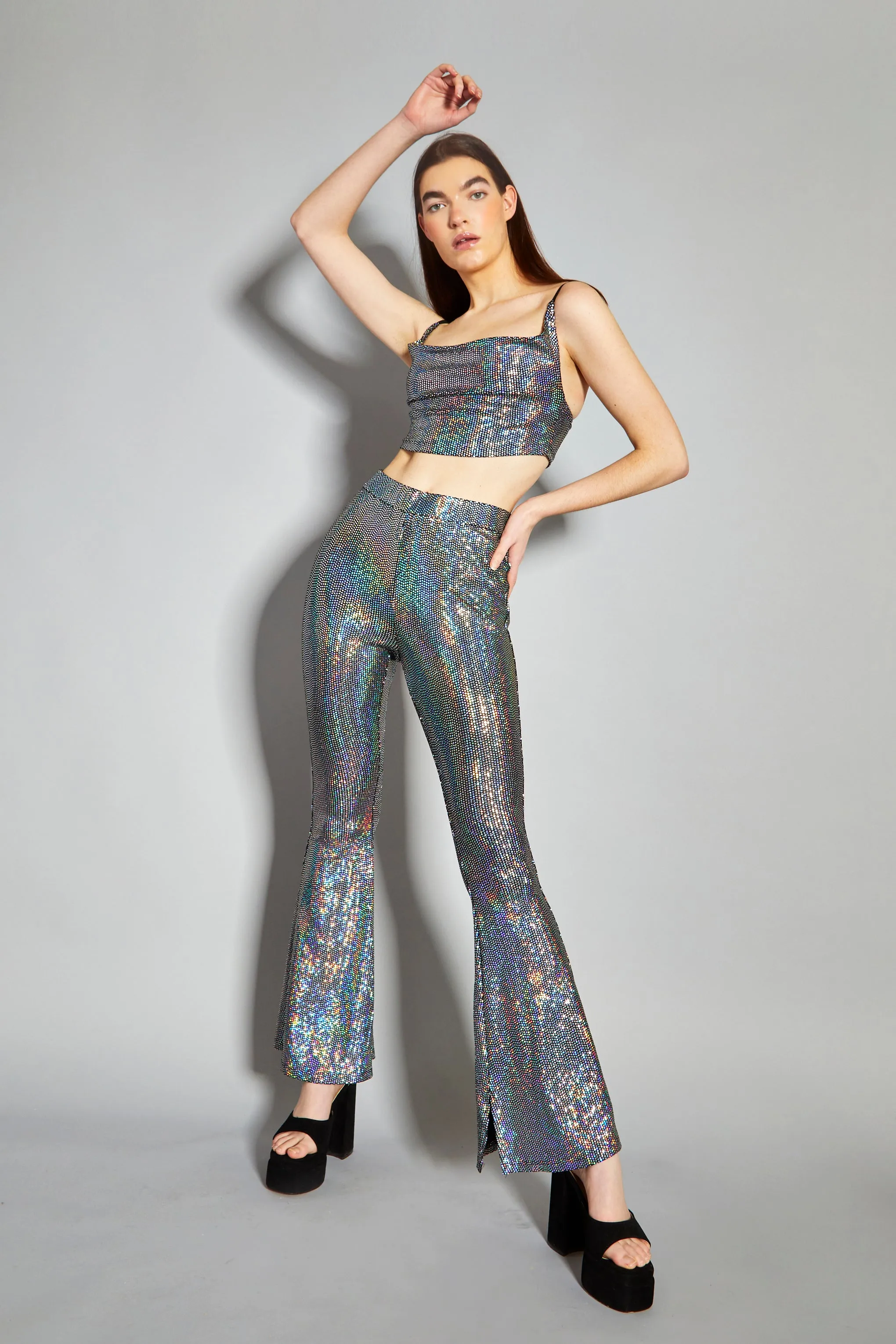 Glamorous Silver Holographic High Waisted Flared Trousers