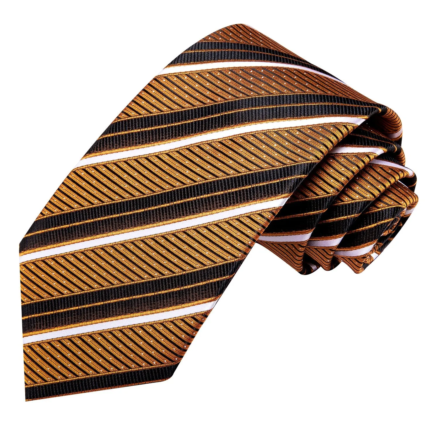 Golden Black Striped Tie Pocket Square Cufflinks Set with Wedding Brooch