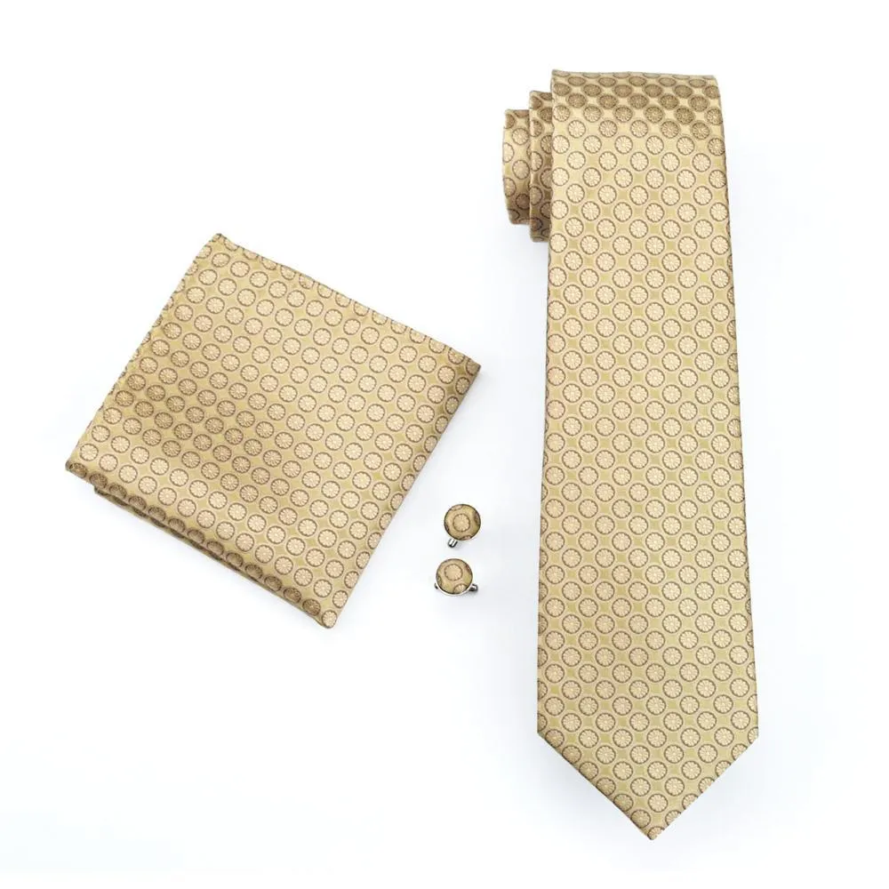 Golden Floral Silk Men's Tie Pocket Square Cufflinks Set Gift Box Set