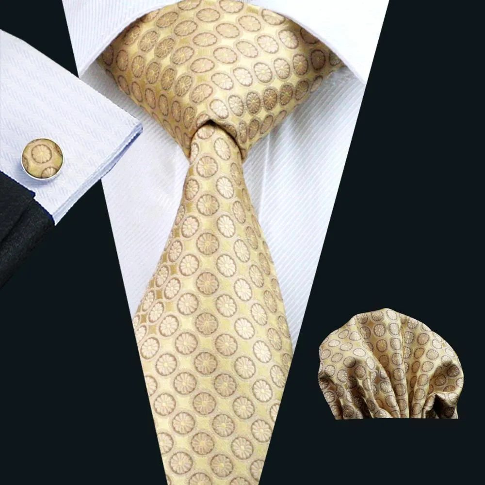 Golden Floral Silk Men's Tie Pocket Square Cufflinks Set Gift Box Set