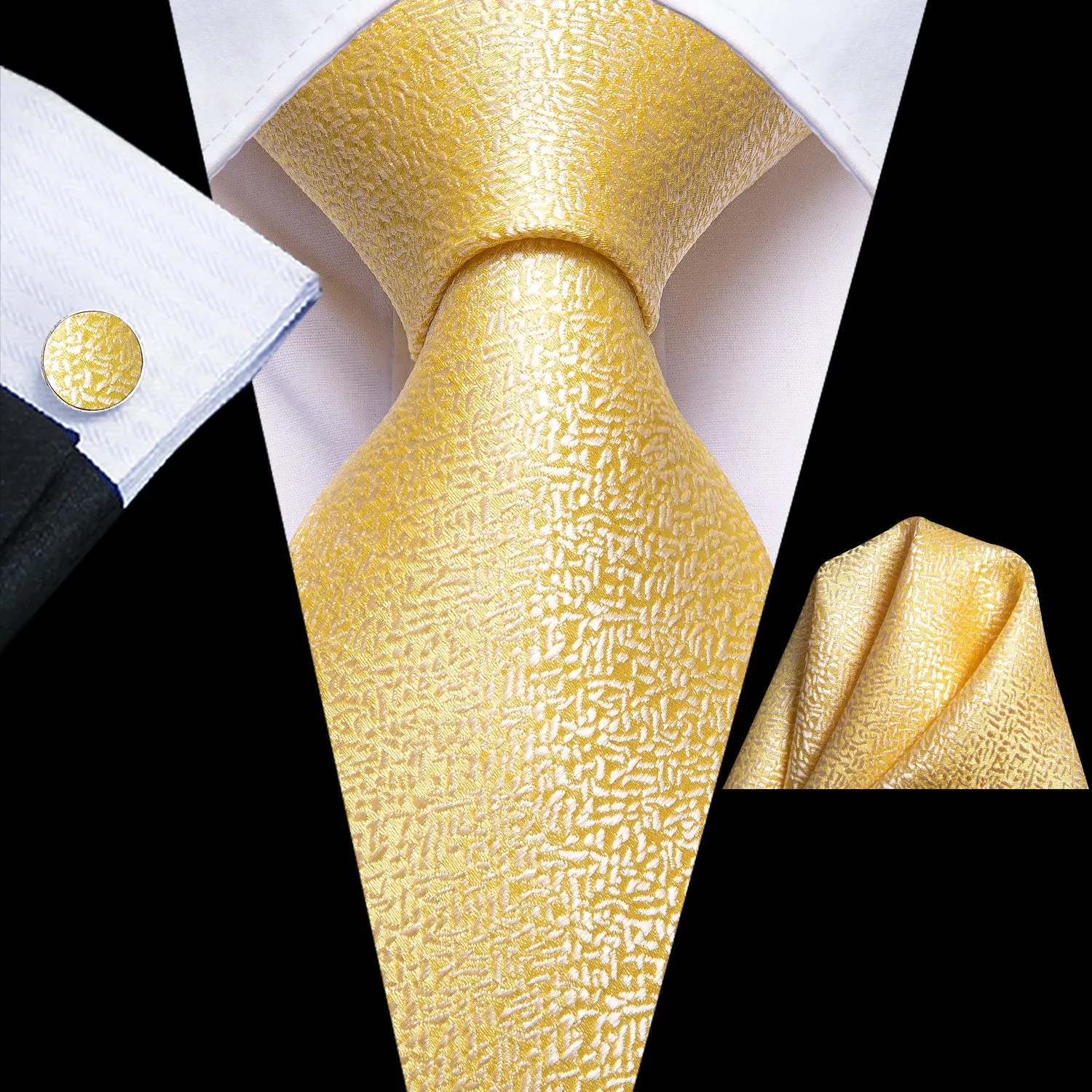 Golden Solid Silk Men's Tie Pocket Square Cufflinks Set Gift Box Set