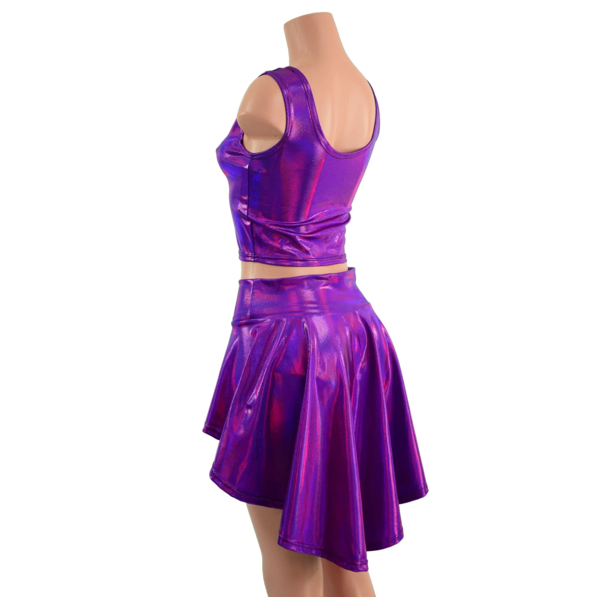 Grape Holographic 3PC Rave Skirt, Shorts & Top Set