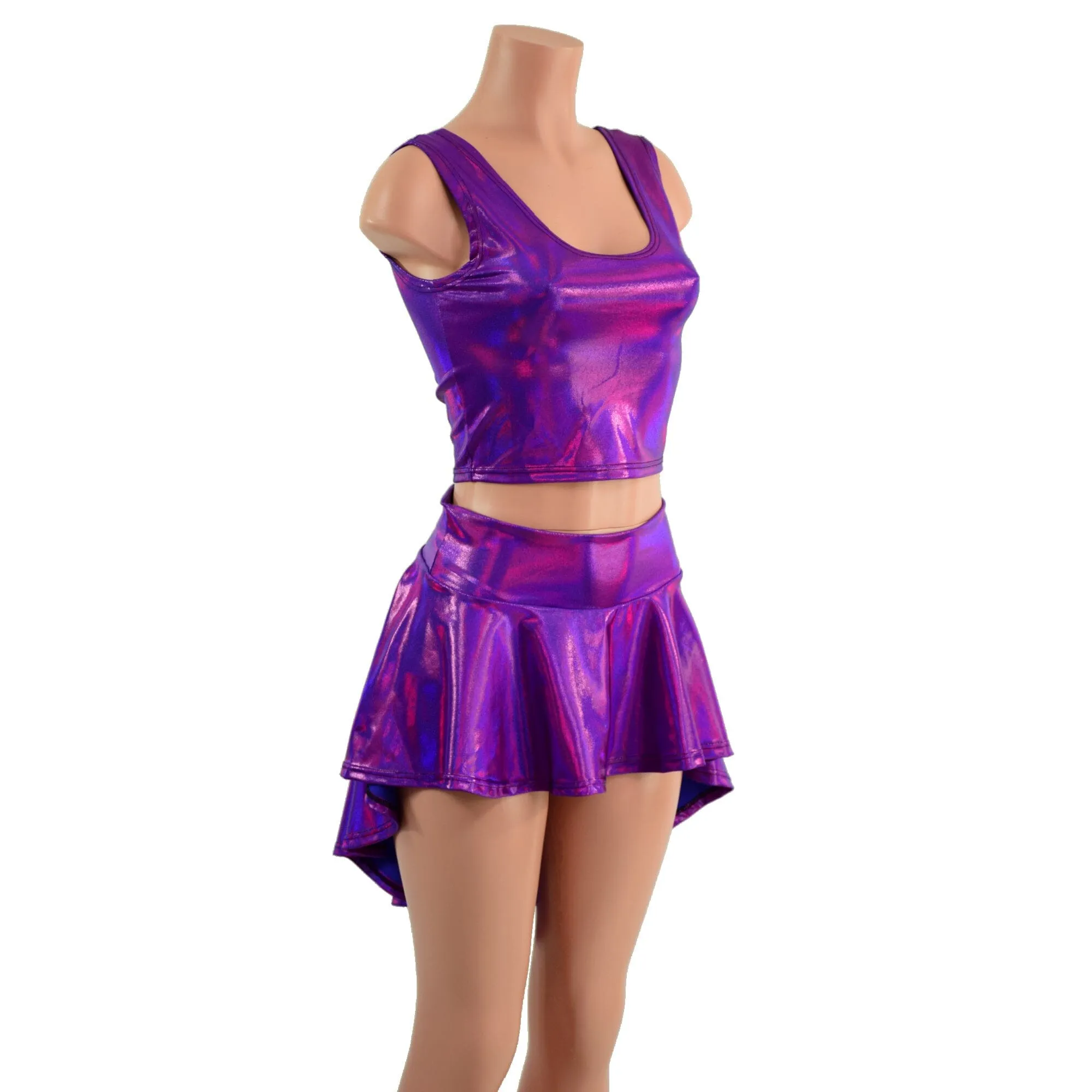 Grape Holographic 3PC Rave Skirt, Shorts & Top Set