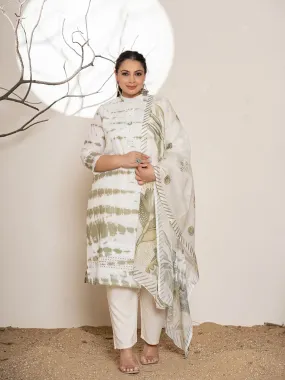 Green & White Cotton Abstract Print & Embroidered Kurta with Viscose Rayon Solid Bottom and a Voile Dupatta