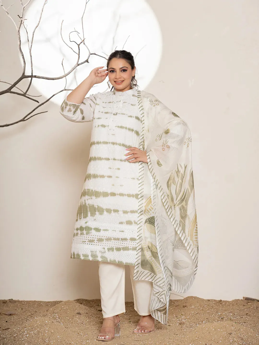 Green & White Cotton Abstract Print & Embroidered Kurta with Viscose Rayon Solid Bottom and a Voile Dupatta