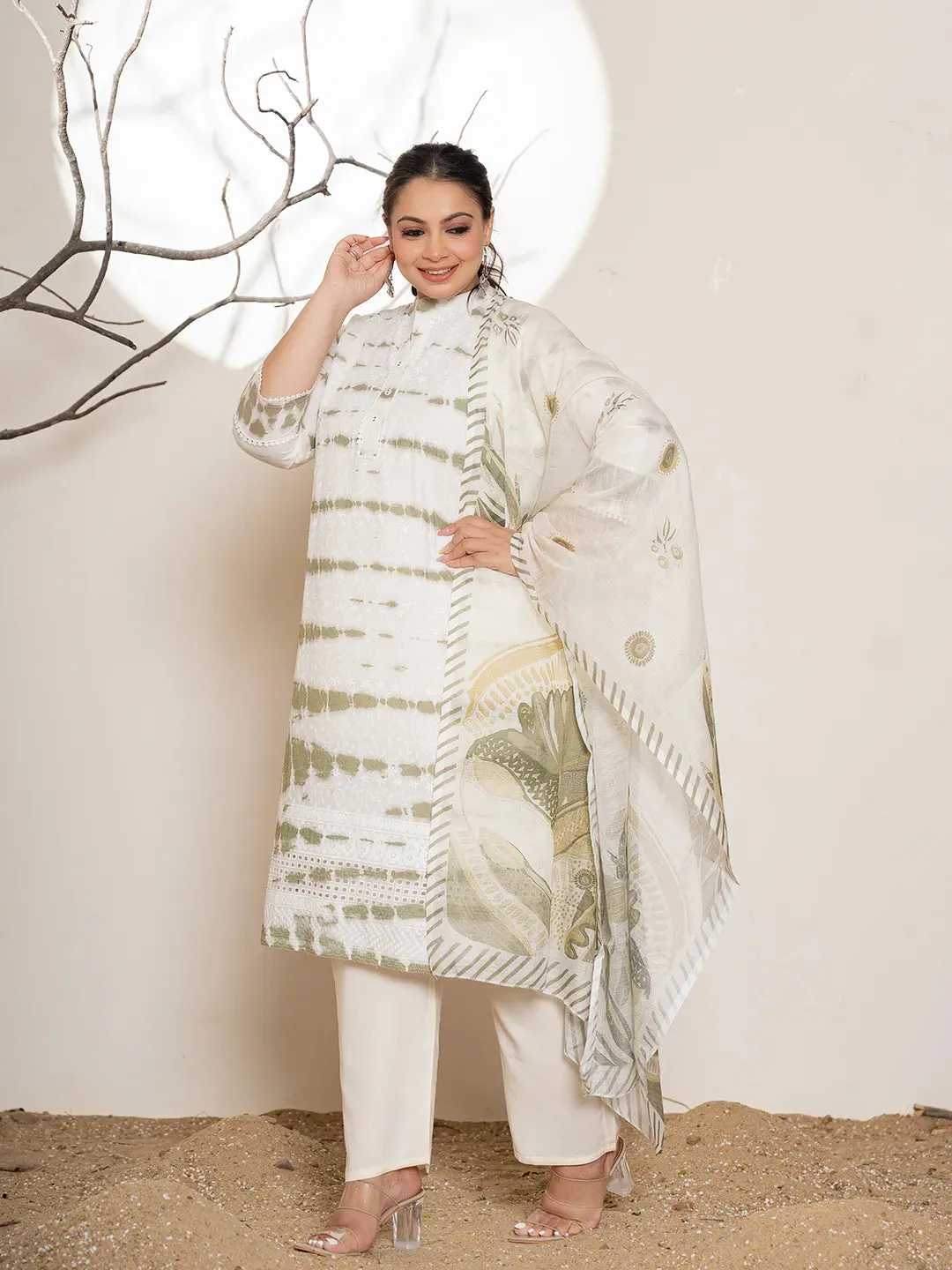 Green & White Cotton Abstract Print & Embroidered Kurta with Viscose Rayon Solid Bottom and a Voile Dupatta