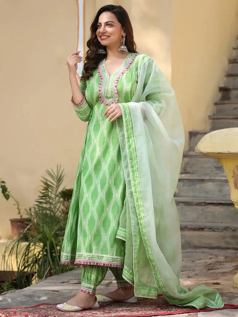 Green & White Cotton Printed & Embroidered Anarkali Suit Set with Organza Dupatta