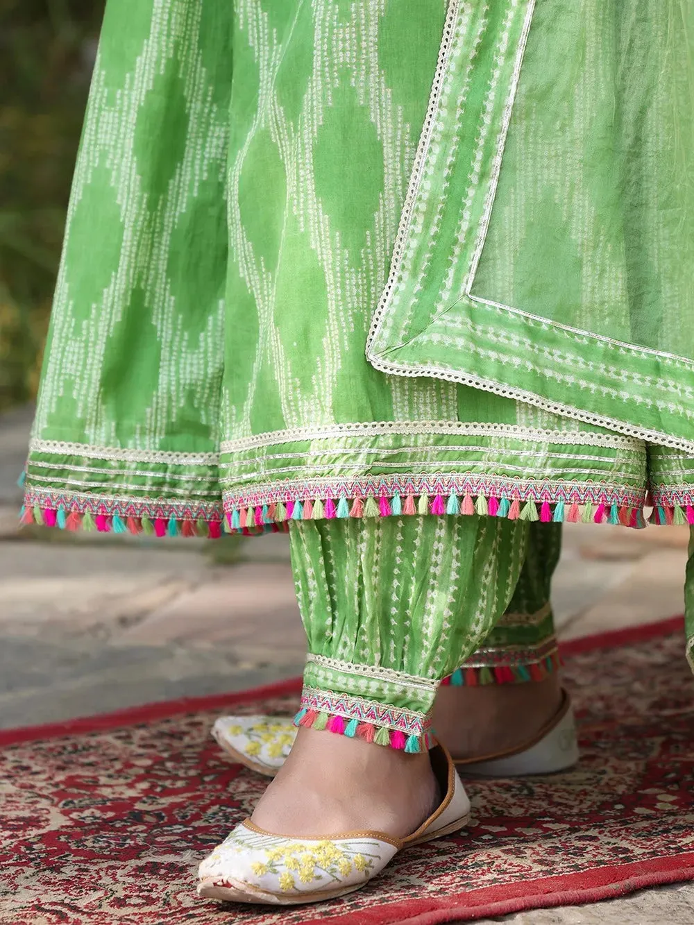 Green & White Cotton Printed & Embroidered Anarkali Suit Set with Organza Dupatta