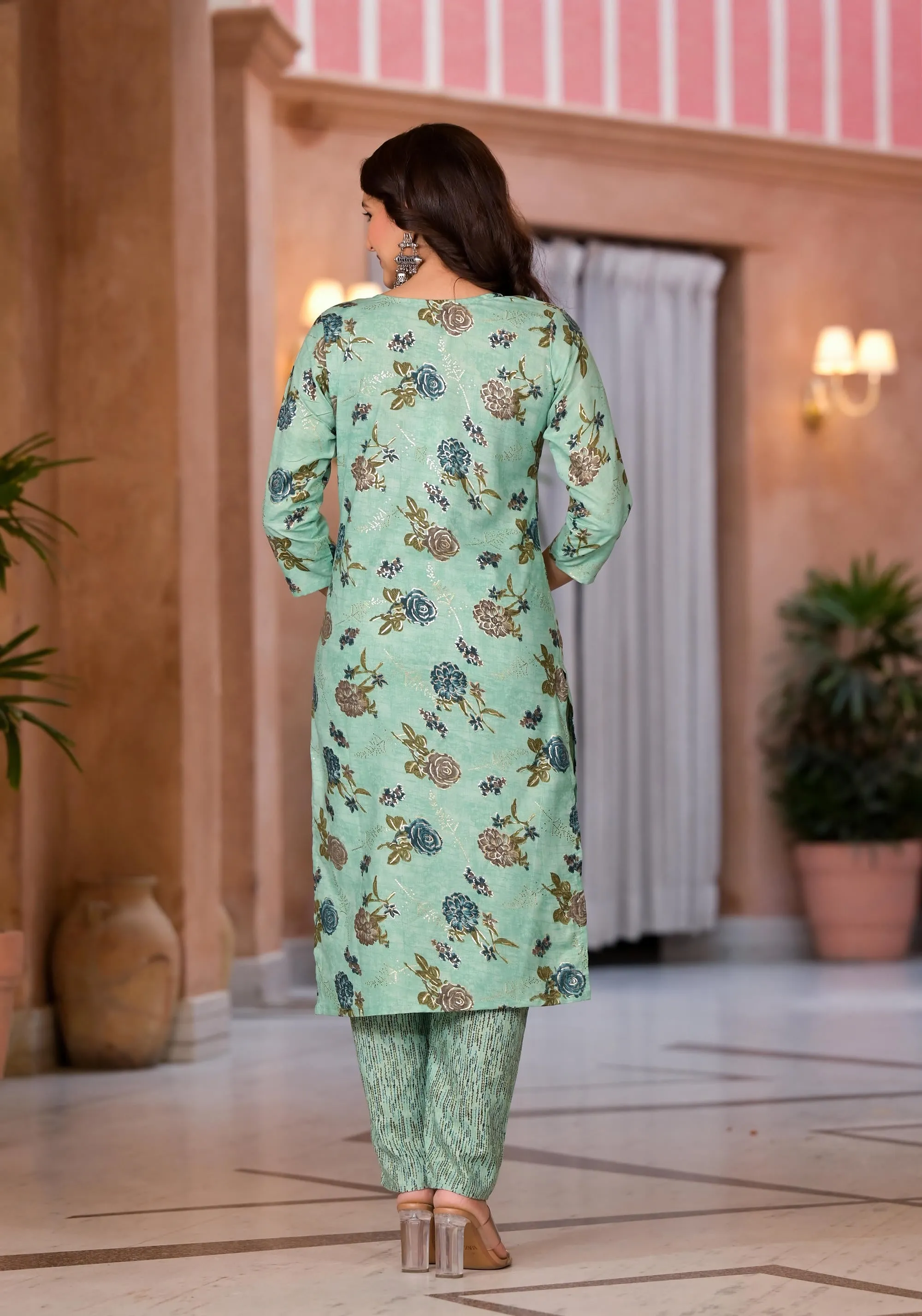 Green Floral Printed Cotton Kurta Set With Thread  Work