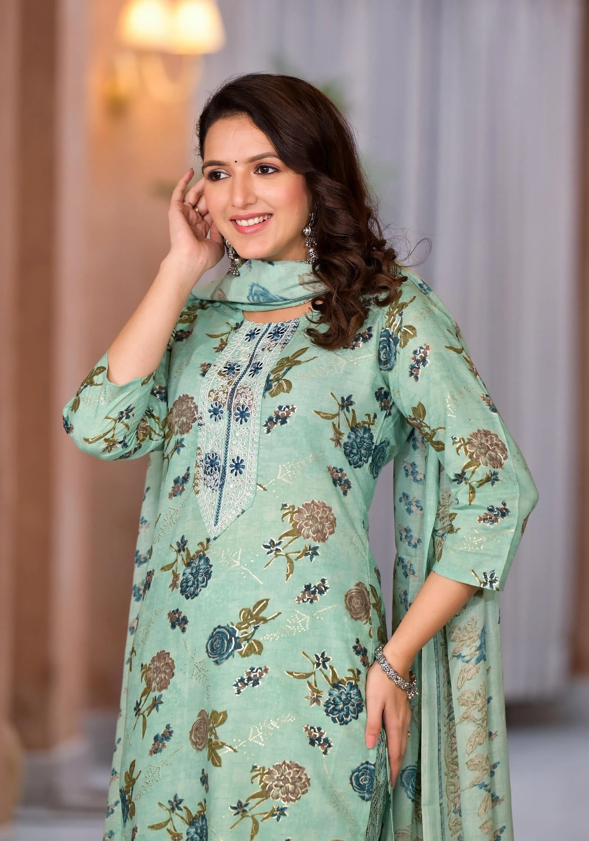 Green Floral Printed Cotton Kurta Set With Thread  Work