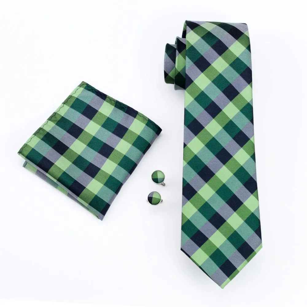 Green Plaid Silk Men's Tie Pocket Square Cufflinks Gift Box Set