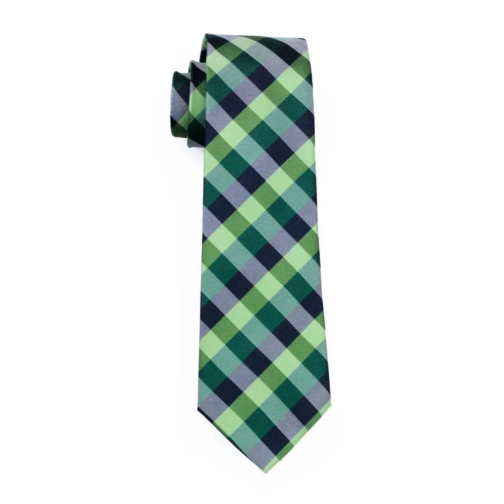 Green Plaid Silk Men's Tie Pocket Square Cufflinks Gift Box Set