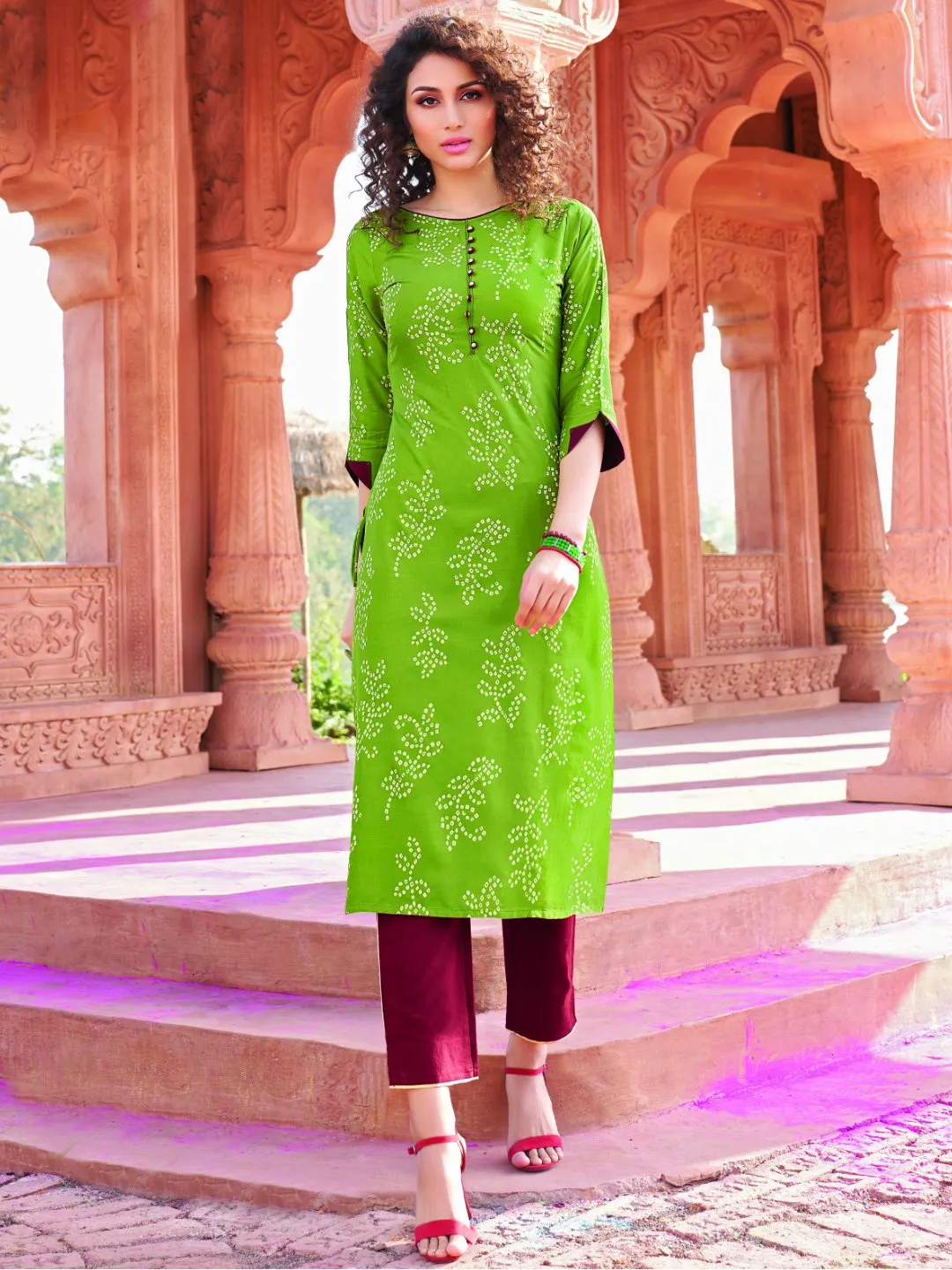 Green Rayon Cotton Kurta with Pants