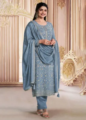 Grey Chinon Silk Embroidered Suit Set with Dupatta