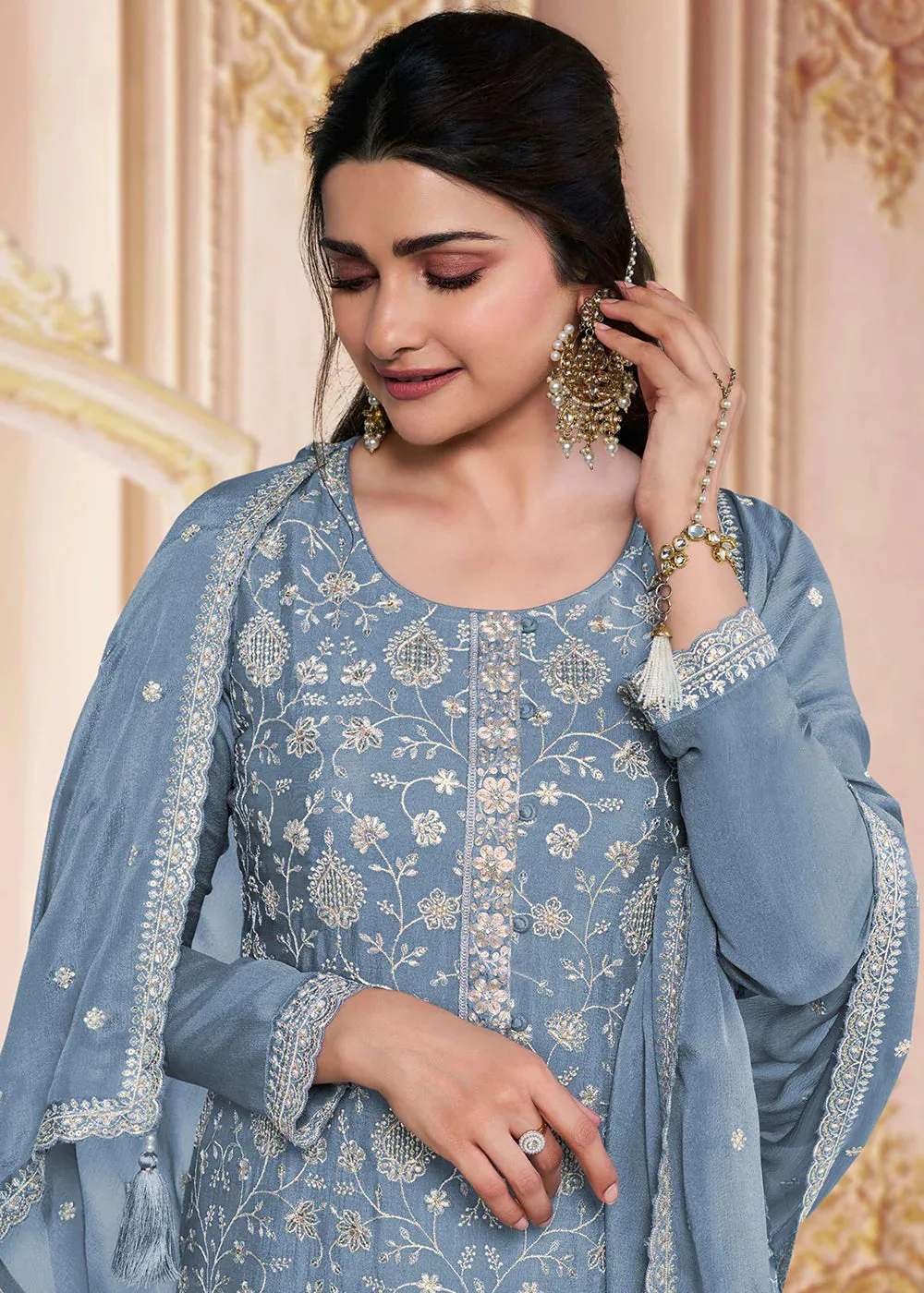 Grey Chinon Silk Embroidered Suit Set with Dupatta