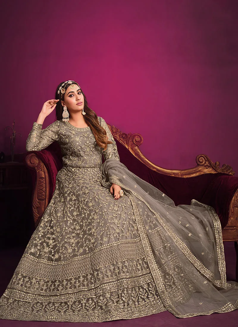 Grey Golden Embroidery Festive Anarkali Suit