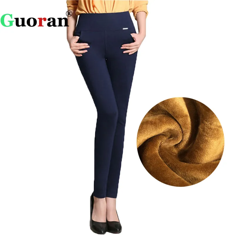 {Guoran}2017 Winter pants women Office Thick Warm Fleece High Waist pencil pants Stretch black White trousers Plus Size Leggings