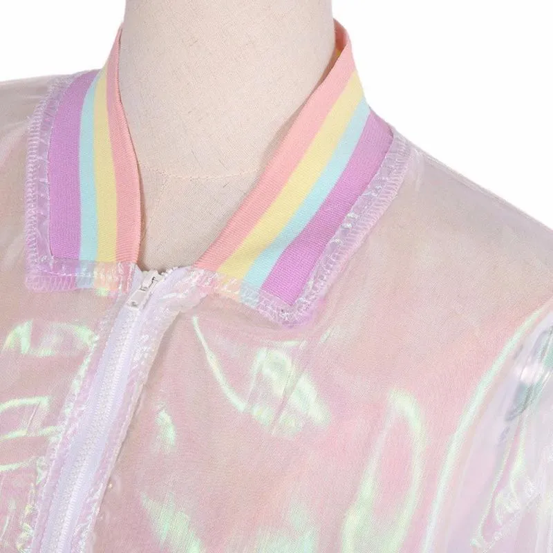 Harajuku Kawaii 90s Y2K Tumblr Aesthetic Sheer Holographic Rainbow Collar Jacket