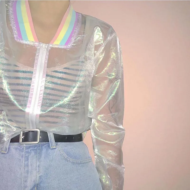 Harajuku Kawaii 90s Y2K Tumblr Aesthetic Sheer Holographic Rainbow Collar Jacket