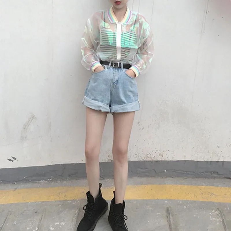 Harajuku Kawaii 90s Y2K Tumblr Aesthetic Sheer Holographic Rainbow Collar Jacket