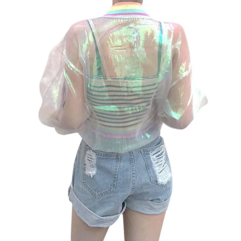 Harajuku Kawaii 90s Y2K Tumblr Aesthetic Sheer Holographic Rainbow Collar Jacket