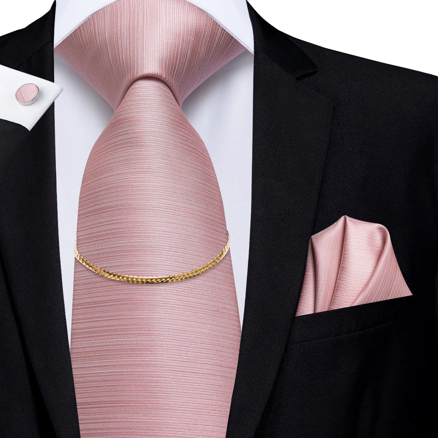 Hi-Tie Baby Pink Solid Tie Pocket Square Cufflinks Set Golden Chain