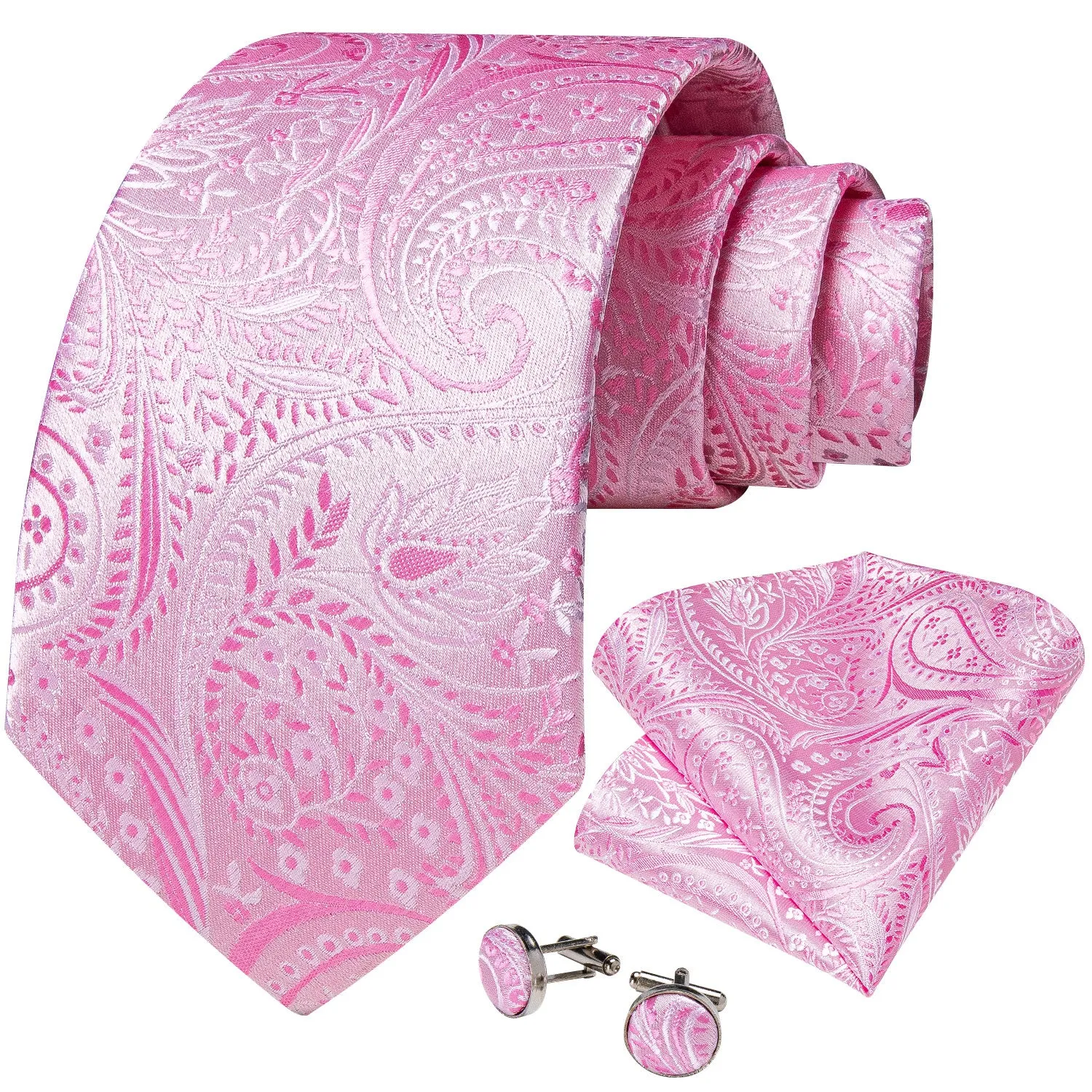 Hi-Tie Beautiful Pink Floral TieS Pocket Square Cufflinks Set for Men