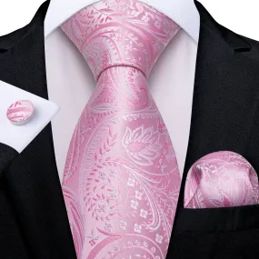 Hi-Tie Beautiful Pink Floral TieS Pocket Square Cufflinks Set for Men