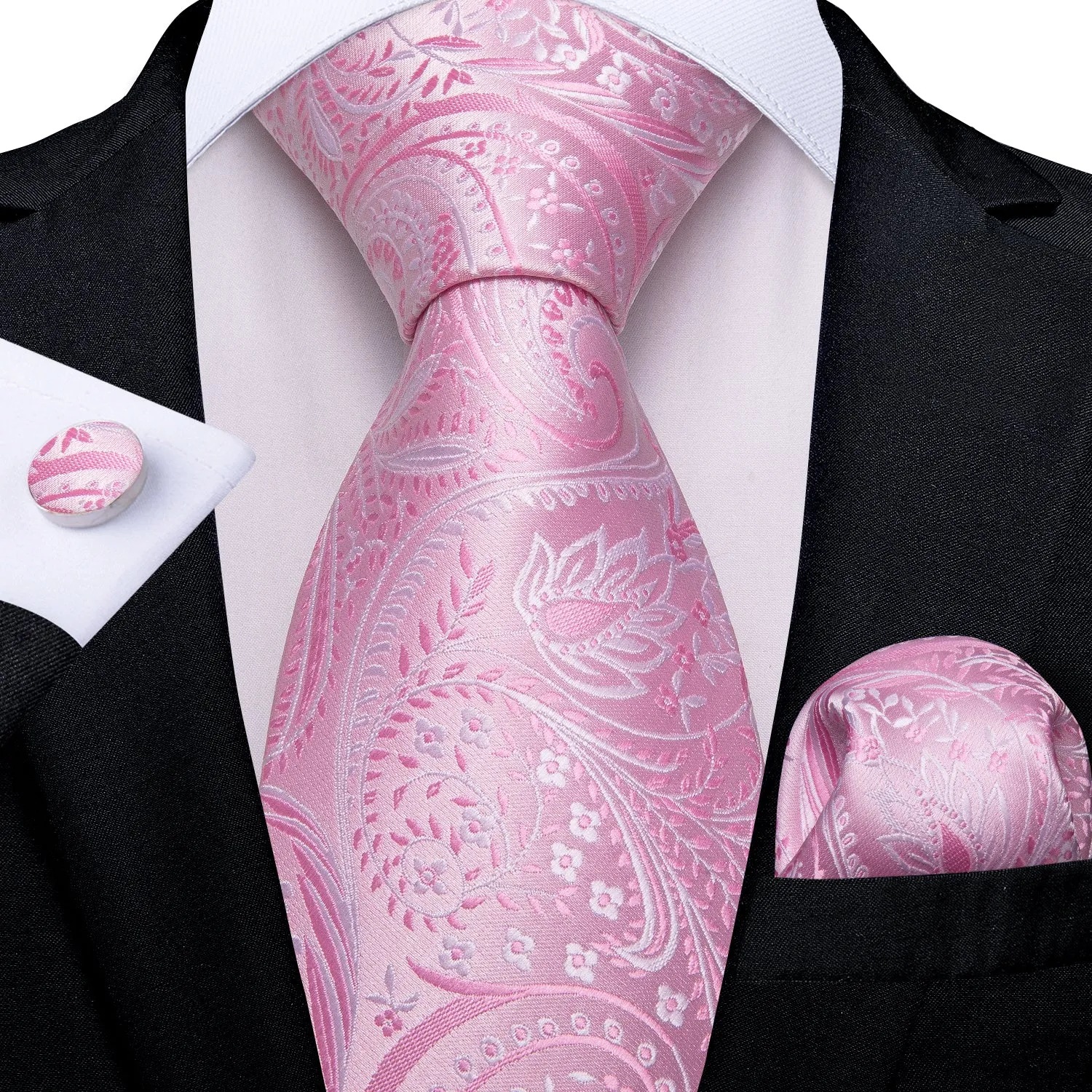 Hi-Tie Beautiful Pink Floral TieS Pocket Square Cufflinks Set for Men