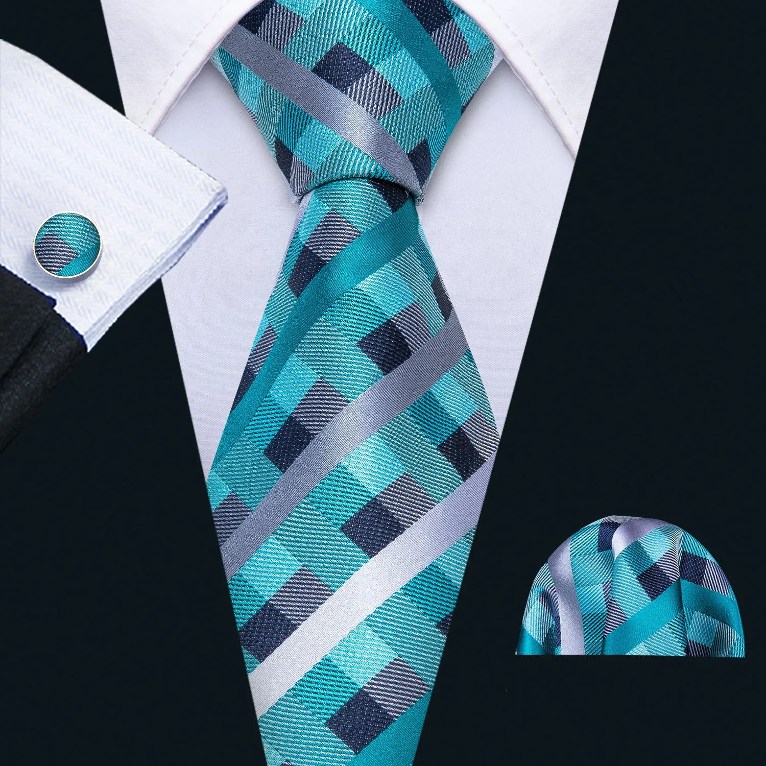 Hi-Tie Beautiful Plaid Checkered Necktie Pocket Square Cufflinks Set