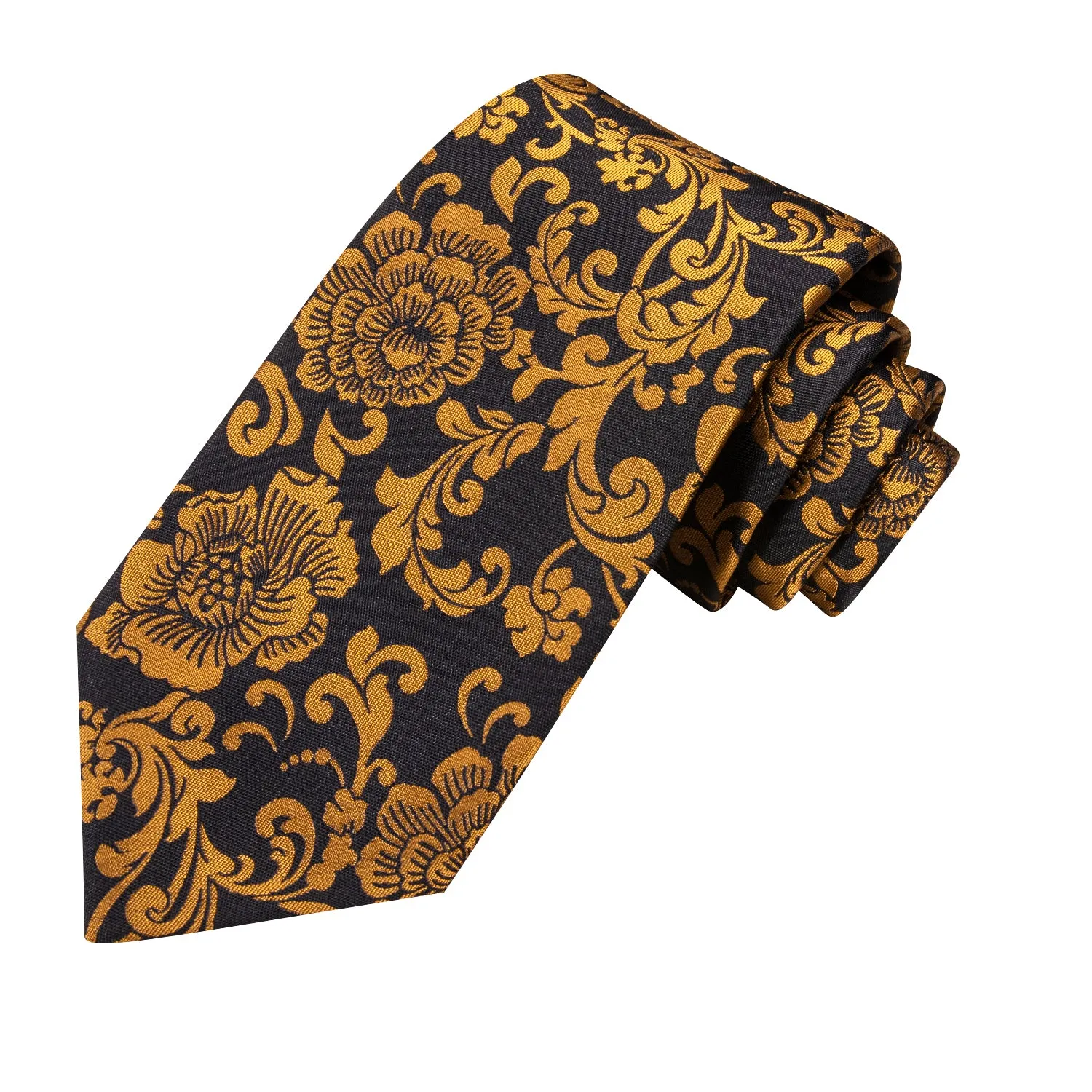 Hi-Tie Black Golden Floral Men's Tie Pocket Square Cufflinks Set