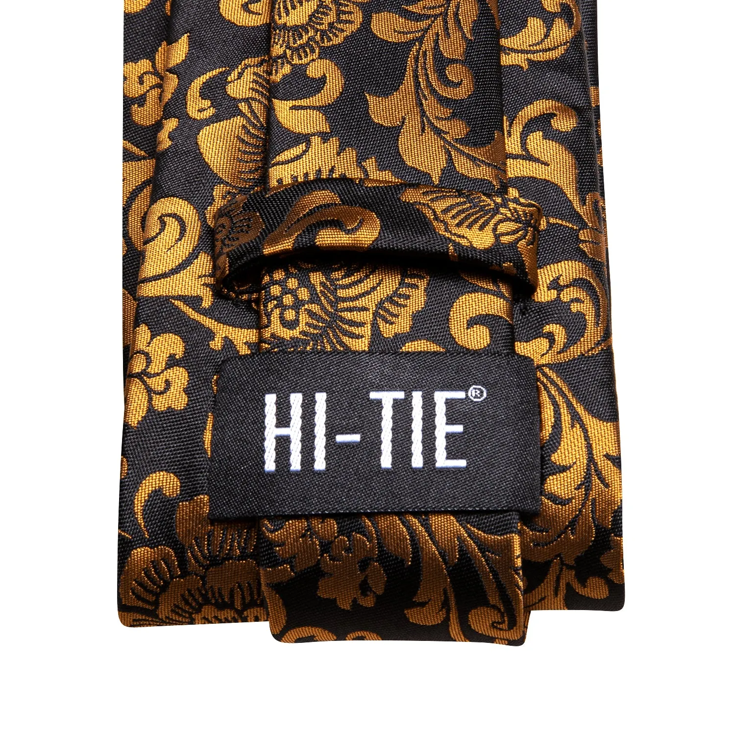 Hi-Tie Black Golden Floral Men's Tie Pocket Square Cufflinks Set