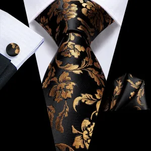 Hi-Tie Black Golden Floral Tie Pocket Square Cufflinks Set